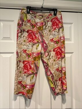 Chico's Multicolor Floral Linen Cropped Pants - Pink, Green, Beige